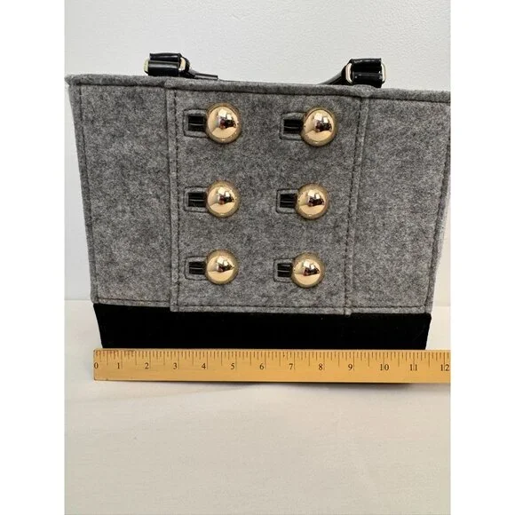 NWOT Kate Spade Black & Gray Wool Blend Tote Bag Gold Button Polka Dot Interior